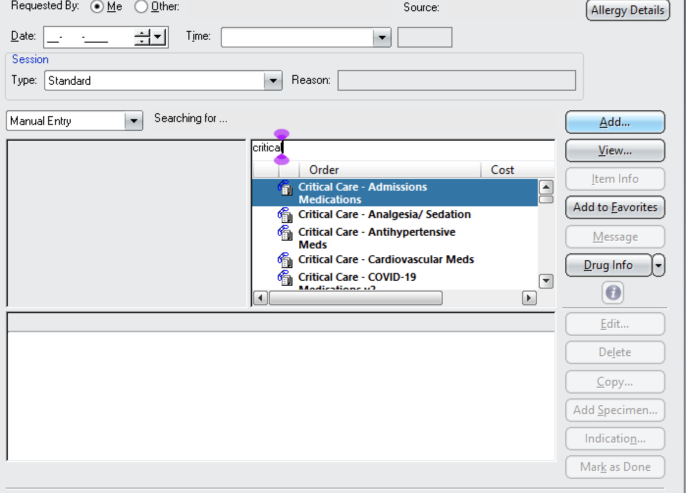 Searching for the Critical Care order sets